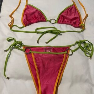 Beach Bunny Selena Triangle rip and skimpy bottom in Pink and Green Bikini